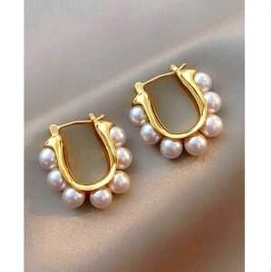 NEW! Anthropologie Pearl Hoop Gold Earrings